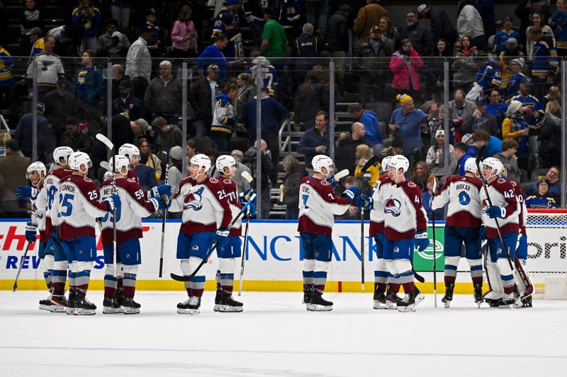 Dec 29, 2023; St. Louis, Missouri, USA;  Colorado Avalanche celebrate after defeating the St. Louis Blues at Enterprise Center. Mandatory Credit: Jeff Curry-USA TODAY Sports