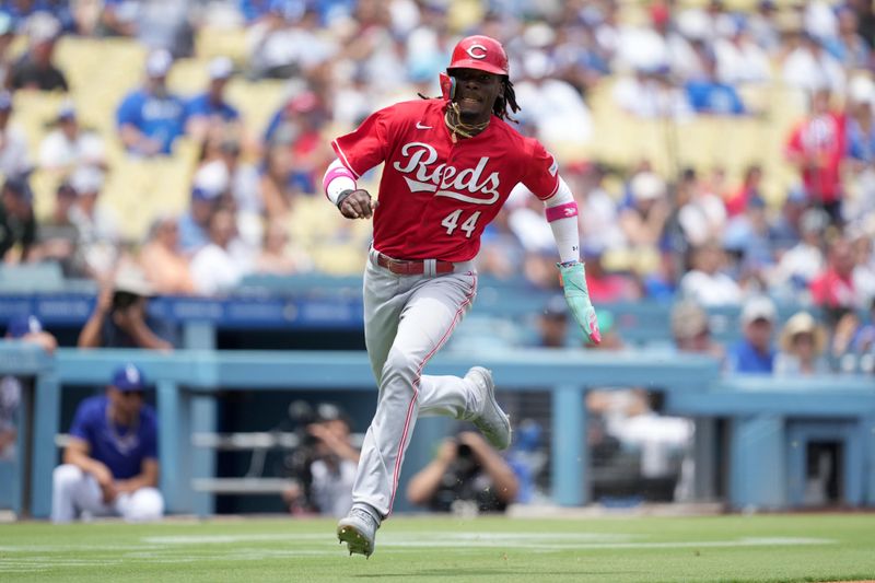 Jul 30, 2023; Los Angeles, California, USA; Cincinnati Reds third baseman Elly De La Cruz (44) rounds third base en route to scoring in the first inning against the Los Angeles Dodgers at Dodger Stadium. Mandatory Credit: Kirby Lee-USA TODAY Sports