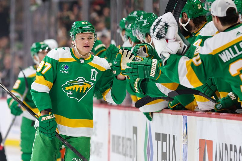 Jan 27, 2024; Saint Paul, Minnesota, USA; Minnesota Wild left wing Kirill Kaprizov (97) celebrates his goal against the Anaheim Ducks during the first period at Xcel Energy Center. Mandatory Credit: Matt Krohn-USA TODAY Sports