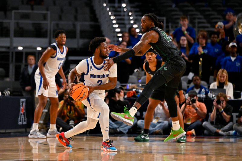 Mar 11, 2023; Fort Worth, TX, USA; Memphis Tigers guard Alex Lomax (2) looks to move the ball past Tulane Green Wave guard Jaylen Forbes (25) during the second half at Dickies Arena. Mandatory Credit: Jerome Miron-USA TODAY Sports