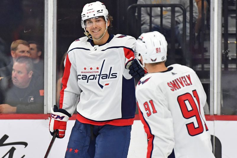 Sep 28, 2022; Philadelphia, Pennsylvania, USA; Washington Capitals center Dylan Strome (17) celebrates his goal with against the Philadelphia Flyers during the third period at Wells Fargo Center. Mandatory Credit: Eric Hartline-USA TODAY Sports