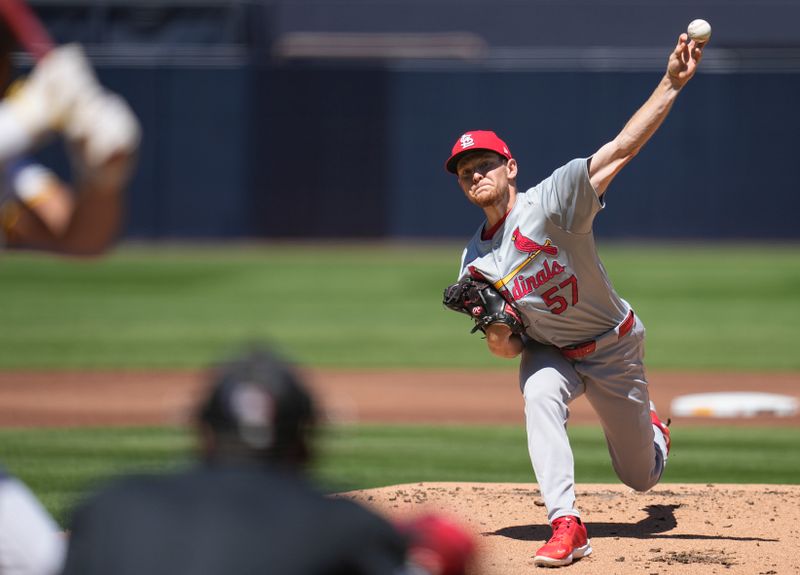 Apr 3, 2024; San Diego, California, USA; St. Louis Cardinals starting pitcher Zack Thompson (57) throws a pitch against the San Diego Padres during the first inning at Petco Park. Mandatory Credit: Ray Acevedo-USA TODAY Sports