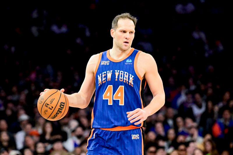 NEW YORK, NEW YORK - FEBRUARY 10:  Bojan Bogdanovic #44 of the New York Knicks handles the ball against the Indiana Pacers during the second half at Madison Square Garden on February 10, 2024 in New York City. NOTE TO USER: User expressly acknowledges and agrees that, by downloading and or using this photograph, User is consenting to the terms and conditions of the Getty Images License Agreement. (Photo by Steven Ryan/Getty Images)