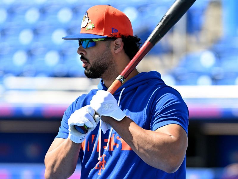 Feb 23, 2026; Dunedin, Florida, USA;  New York Mets right fielder MJ Melendez (1) before a spring training game against the Toronto Blue Jays at TD Ballpark. Mandatory Credit: Jonathan Dyer-Imagn Images