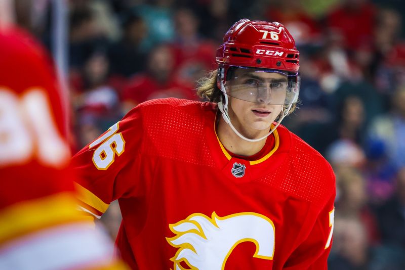 Mar 18, 2024; Calgary, Alberta, CAN; Calgary Flames center Martin Pospisil (76) against the Washington Capitals during the first period at Scotiabank Saddledome. Mandatory Credit: Sergei Belski-USA TODAY Sports