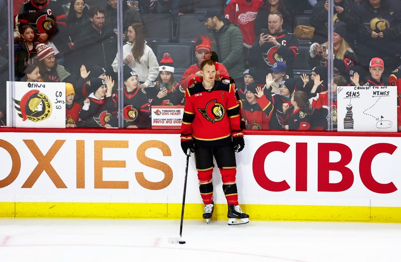 Feb 26, 2026; Ottawa, Ontario, CAN; Ottawa Senators left wing Brady Tkachuk (7) warms up prior to a game against the Detroit Red Wings at Canadian Tire Centre. Mandatory Credit: Keito Newman-Imagn Images