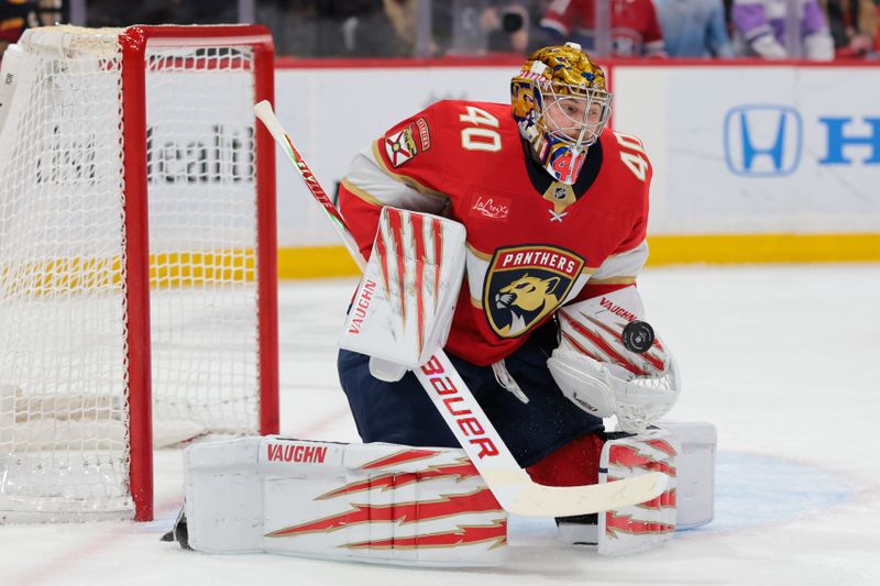 Dec 30, 2025; Sunrise, Florida, USA; Florida Panthers goaltender Daniil Tarasov (40) makes a save against the Montreal Canadiens during the second period at Amerant Bank Arena. Mandatory Credit: Sam Navarro-Imagn Images