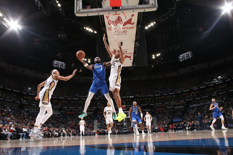 NEW ORLEANS, LA - JANUARY 15:  Jaden Hardy #1 of the Dallas Mavericks drives to the basket during the game against the New Orleans Pelicans on January 15, 2025 at the Smoothie King Center in New Orleans, Louisiana. NOTE TO USER: User expressly acknowledges and agrees that, by downloading and or using this Photograph, user is consenting to the terms and conditions of the Getty Images License Agreement. Mandatory Copyright Notice: Copyright 2025 NBAE (Photo by Layne Murdoch Jr./NBAE via Getty Images)