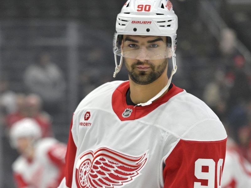 Nov 16, 2024; Los Angeles, California, USA; Detroit Red Wings center Joe Veleno (90) warms up prior to the game against the Los Angeles Kings at Crypto.com Arena. Mandatory Credit: Jayne Kamin-Oncea-Imagn Images