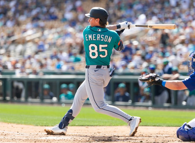 Feb 23, 2026; Phoenix, Arizona, USA; Seattle Mariners shortstop Colt Emerson against the Los Angeles Dodgers during a spring training game at Camelback Ranch-Glendale. Mandatory Credit: Mark J. Rebilas-Imagn Images
