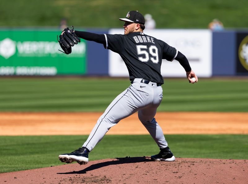 Feb 27, 2026; Phoenix, Arizona, USA; Chicago White Sox pitcher Sean Burke against the Milwaukee Brewers during a spring training game at American Family Fields of Phoenix. Mandatory Credit: Mark J. Rebilas-Imagn Images