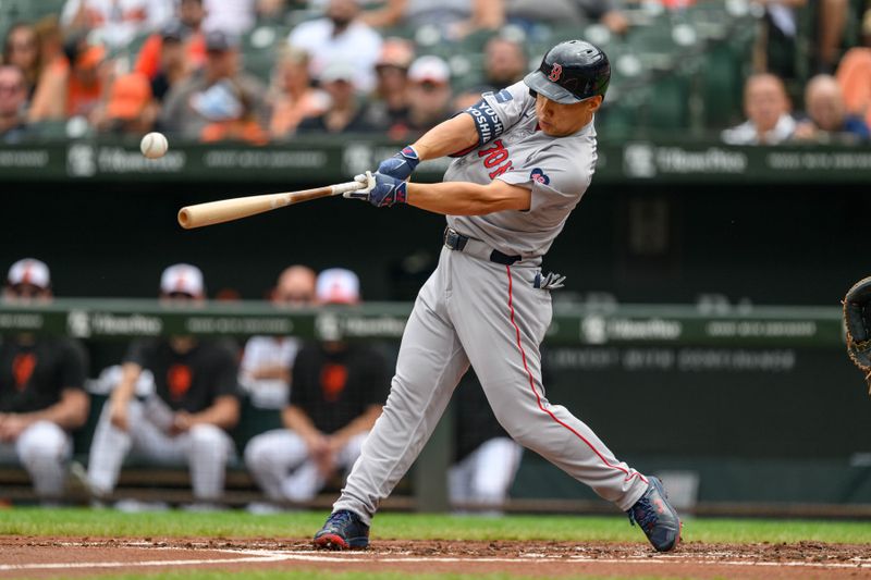 Aug 18, 2024; Baltimore, Maryland, USA; Boston Red Sox outfielder Masataka Yoshida (7) hits a single during the second inning against the Baltimore Orioles at Oriole Park at Camden Yards. Mandatory Credit: Reggie Hildred-USA TODAY Sports