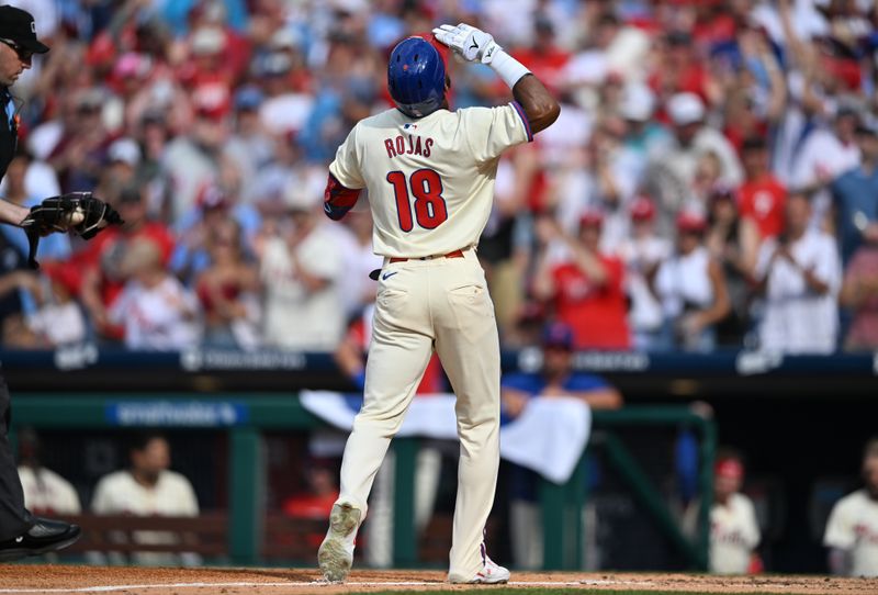 Jul 13, 2024; Philadelphia, Pennsylvania, USA; Philadelphia Phillies outfielder Johan Rojas (18) reacts after hitting a home run against the Oakland Athletics in the fourth inning at Citizens Bank Park. Mandatory Credit: Kyle Ross-USA TODAY Sports