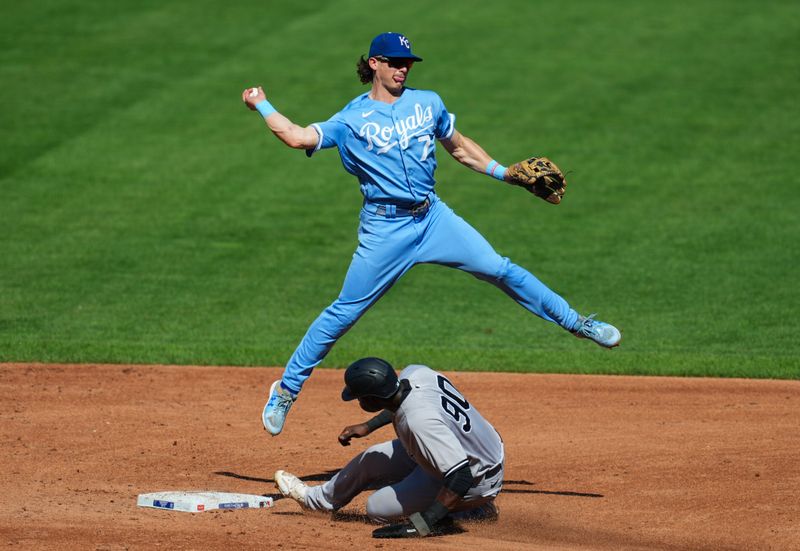 Oct 1, 2023; Kansas City, Missouri, USA; Kansas City Royals shortstop Bobby Witt Jr. (7) throws to first base after forcing out New York Yankees center fielder Estevan Florial (90) during the third inning at Kauffman Stadium. Mandatory Credit: Jay Biggerstaff-USA TODAY Sports