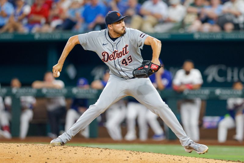 Jun 4, 2024; Arlington, Texas, USA; Detroit Tigers pitcher Alex Faedo (49) throws in the bottom of the seventh inning against the Texas Rangers at Globe Life Field. Mandatory Credit: Andrew Dieb-USA TODAY Sports