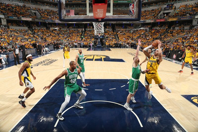 INDIANAPOLIS, IN - MAY 27: Andrew Nembhard #2 of the Indiana Pacers shoots the ball during the game against the Boston Celtics during Game 4 of the Eastern Conference Finals of the 2024 NBA Playoffs on May 27, 2024 at Gainbridge Fieldhouse in Indianapolis, Indiana. NOTE TO USER: User expressly acknowledges and agrees that, by downloading and or using this Photograph, user is consenting to the terms and conditions of the Getty Images License Agreement. Mandatory Copyright Notice: Copyright 2024 NBAE (Photo by Nathaniel S. Butler/NBAE via Getty Images)