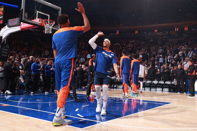 NEW YORK, NY - OCTOBER 28: Josh Hart #3 of the New York Knicks is introduced before the game against the Cleveland Cavaliers on October 28, 2024 at Madison Square Garden in New York City, New York.  NOTE TO USER: User expressly acknowledges and agrees that, by downloading and or using this photograph, User is consenting to the terms and conditions of the Getty Images License Agreement. Mandatory Copyright Notice: Copyright 2024 NBAE  (Photo by Nathaniel S. Butler/NBAE via Getty Images)