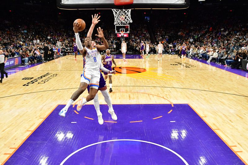 PHOENIX, AZ - MARCH 3:  Jalen Williams #8 of the Oklahoma City Thunder goes to the basket during the game on March 3, 2024 at Footprint Center in Phoenix, Arizona. NOTE TO USER: User expressly acknowledges and agrees that, by downloading and or using this photograph, user is consenting to the terms and conditions of the Getty Images License Agreement. Mandatory Copyright Notice: Copyright 2024 NBAE (Photo by Kate Frese/NBAE via Getty Images)