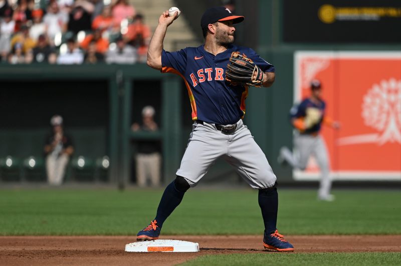 Aug 24, 2024; Baltimore, Maryland, USA; Houston Astros second baseman Jose Altuve (27) throws to first base to complete a first inning double play against the Baltimore Orioles  at Oriole Park at Camden Yards. Mandatory Credit: Tommy Gilligan-USA TODAY Sports