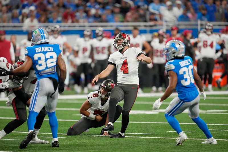 Tampa Bay Buccaneers place kicker Chase McLaughlin makes a field goal during the first half of an NFL football game against the Detroit Lions, Sunday, Sept. 15, 2024, in Detroit. (AP Photo/Paul Sancya)