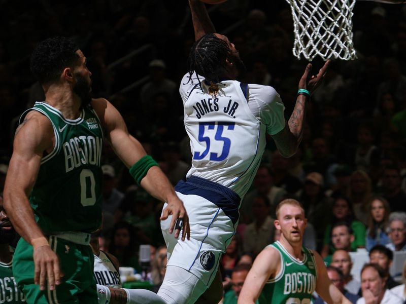 BOSTON, MA - JUNE 17: Derrick Jones Jr. #55 of the Dallas Mavericks shoots the ball during the game against the Boston Celtics during Game 5 of the 2024 NBA Finals on June 17, 2024 at the TD Garden in Boston, Massachusetts. NOTE TO USER: User expressly acknowledges and agrees that, by downloading and or using this photograph, User is consenting to the terms and conditions of the Getty Images License Agreement. Mandatory Copyright Notice: Copyright 2024 NBAE  (Photo by Garrett Ellwood/NBAE via Getty Images)