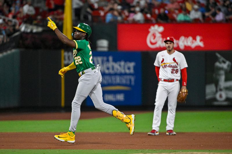 Aug 15, 2023; St. Louis, Missouri, USA;  Oakland Athletics center fielder Lawrence Butler (22) reacts as he runs the bases after hitting a two run home run against the St. Louis Cardinals during the seventh inning at Busch Stadium. Mandatory Credit: Jeff Curry-USA TODAY Sports