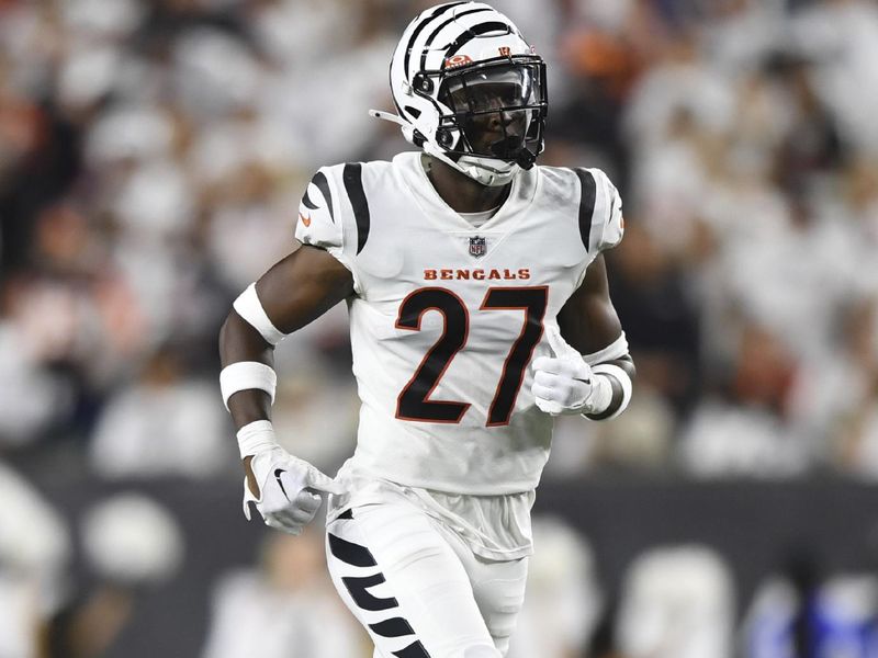 Cincinnati Bengals safety Jordan Battle (27) runs for the play during an NFL football game against the Los Angeles Rams on Monday, Sept. 25, 2023, in Cincinnati. (AP Photo/Emilee Chinn)