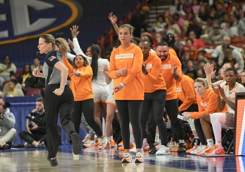 Mar 5, 2025; Greenville, South Carolina, USA; Tennessee head coach Kim Caldwell during the second quarter of the Southeastern Conference Women's Basketball Tournament at Bon Secours Wellness Arena.  Mandatory Credit: Ken Ruinard/USA TODAY NETWORK via Imagn Images