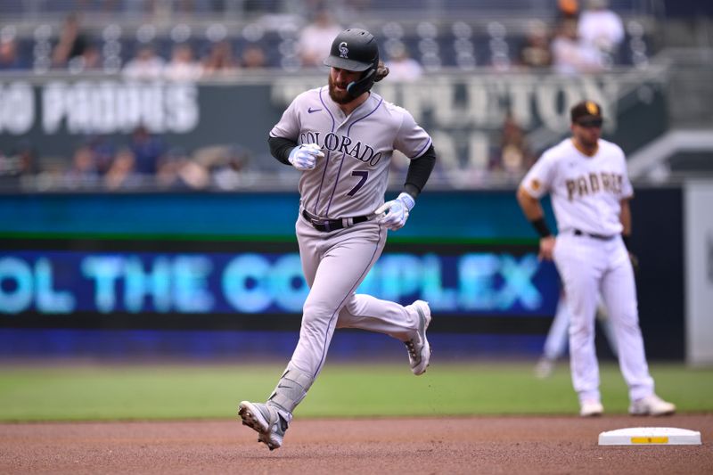 Sep 20, 2023; San Diego, California, USA; Colorado Rockies second baseman Brendan Rodgers (7) rounds the bases after hitting a home run against the San Diego Padres during the first inning at Petco Park. Mandatory Credit: Orlando Ramirez-USA TODAY Sports