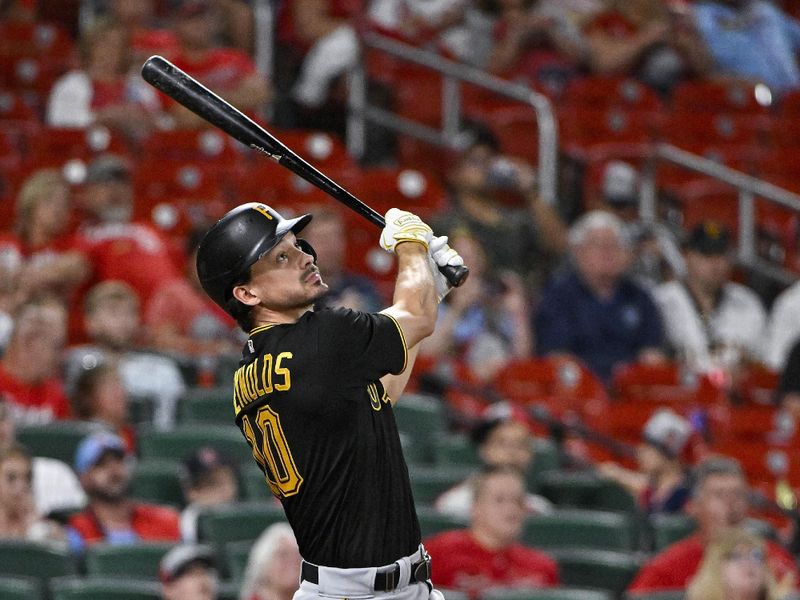 Sep 1, 2023; St. Louis, Missouri, USA;  Pittsburgh Pirates left fielder Bryan Reynolds (10) hits a one run sacrifice fly against the St. Louis Cardinals during the tenth inning at Busch Stadium. Mandatory Credit: Jeff Curry-USA TODAY Sports