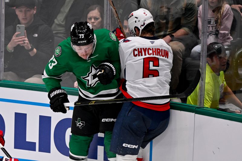 Oct 28, 2025; Dallas, Texas, USA; Dallas Stars left wing Adam Erne (73) checks Washington Capitals defenseman Jakob Chychrun (6) during the second period at the American Airlines Center. Mandatory Credit: Jerome Miron-Imagn Images