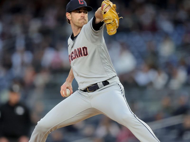 May 3, 2023; Bronx, New York, USA; Cleveland Guardians starting pitcher Shane Bieber (57) pitches against the New York Yankees during the first inning at Yankee Stadium. Mandatory Credit: Brad Penner-USA TODAY Sports