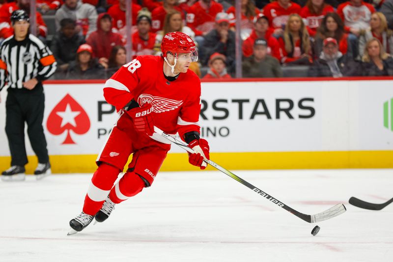 Dec 31, 2023; Detroit, Michigan, USA; Detroit Red Wings right wing Patrick Kane (88) handles the puck during the third period of the game against the Boston Bruins at Little Caesars Arena. Mandatory Credit: Brian Bradshaw Sevald-USA TODAY Sports