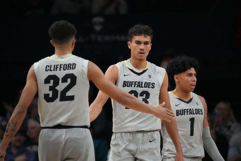 Jan 5, 2023; Boulder, Colorado, USA; Colorado Buffaloes forward Tristan da Silva (23) and guard Nique Clifford (32) and guard Julian Hammond III (1) celebrate a play in the second half at the CU Events Center. Mandatory Credit: Ron Chenoy-USA TODAY Sports