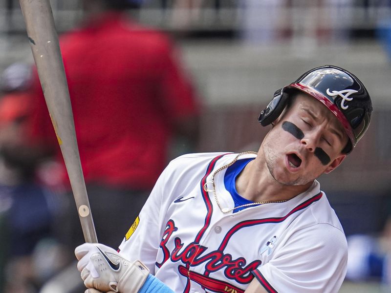 Jun 16, 2024; Cumberland, Georgia, USA; Atlanta Braves center fielder Jarred Kelenic (24) reacts after popping out against the Tampa Bay Rays during the seventh inning at Truist Park. Mandatory Credit: Dale Zanine-USA TODAY Sports