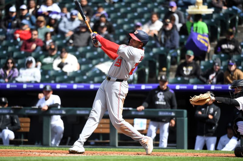 Apr 19, 2025; Denver, Colorado, USA; Washington Nationals outfielder James Wood (29) hits a home run during the fourth inning against the Colorado Rockies at Coors Field. Mandatory Credit: Christopher Hanewinckel-Imagn Images