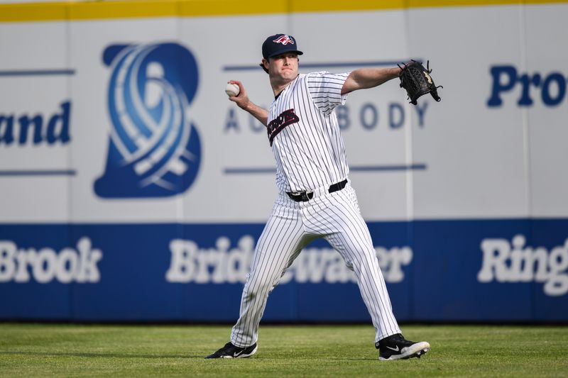 Jun 4, 2024; Bridgewater, NJ, USA; New York Yankees pitcher Gerrit Cole warms up before a MLB rehab assignment with the Somerset Patriots against the Hartford Yard Goats at TD Bank Ballpark. Mandatory Credit: John Jones-USA TODAY Sports