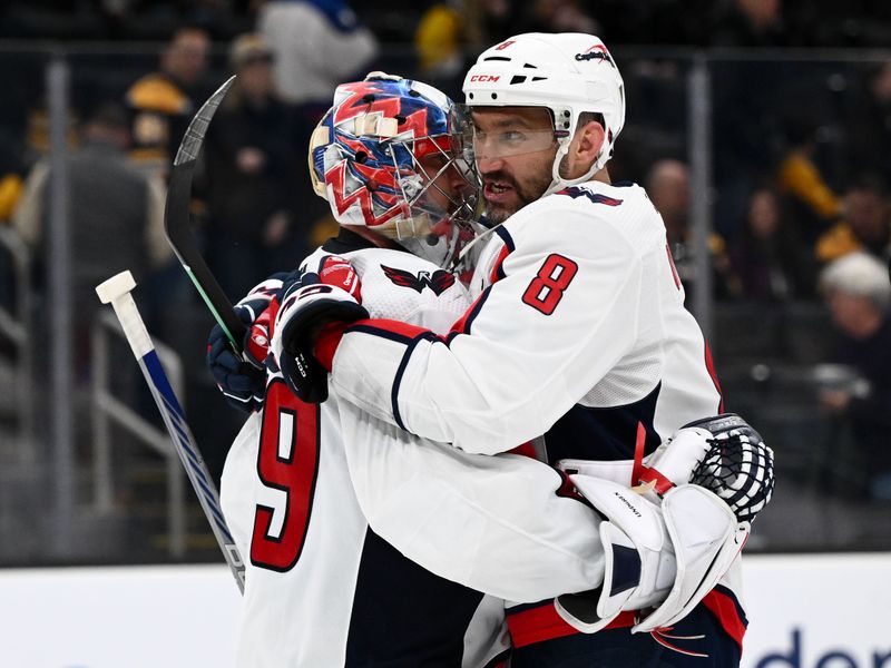 Feb 10, 2024; Boston, Massachusetts, USA; Washington Capitals left wing Alex Ovechkin (8) hugs goaltender Charlie Lindgren (79) after a game against the Boston Bruins at the TD Garden. Mandatory Credit: Brian Fluharty-USA TODAY Sports