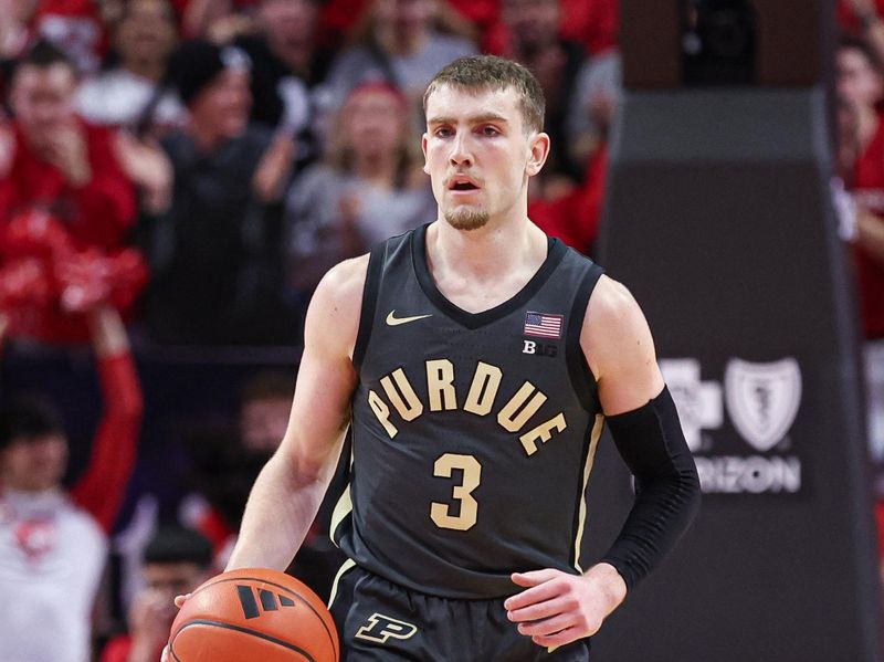 Jan 28, 2024; Piscataway, New Jersey, USA; Purdue Boilermakers guard Braden Smith (3) dribbles up court  during the first half against the Rutgers Scarlet Knights at Jersey Mike's Arena. Mandatory Credit: Vincent Carchietta-USA TODAY Sports