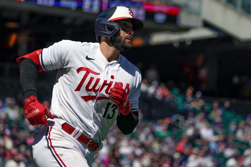 Apr 26, 2023; Minneapolis, Minnesota, USA; Minnesota Twins infielder Joey Gallo (13) rounds the bases after hitting a two-run home run against the New York Yankees during the sixth inning at Target Field. Mandatory Credit: Nick Wosika-USA TODAY Sports


