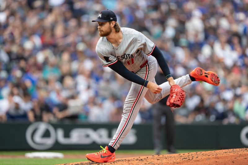 Jun 28, 2024; Seattle, Washington, USA; Minnesota Twins starter Bailey Ober (17) delivers a pitch during the third inning against the Seattle Mariners at T-Mobile Park. Mandatory Credit: Stephen Brashear-USA TODAY Sports