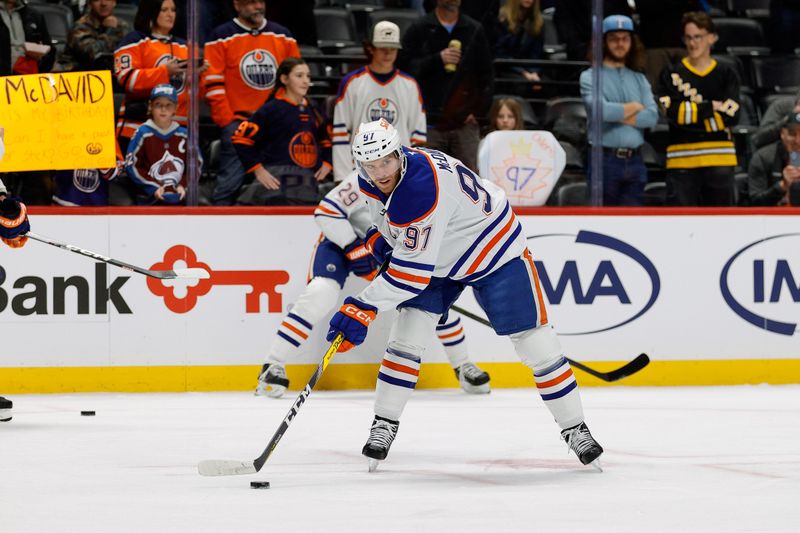 Jan 16, 2025; Denver, Colorado, USA; Edmonton Oilers center Connor McDavid (97) before the game against the Colorado Avalanche at Ball Arena. Mandatory Credit: Isaiah J. Downing-Imagn Images