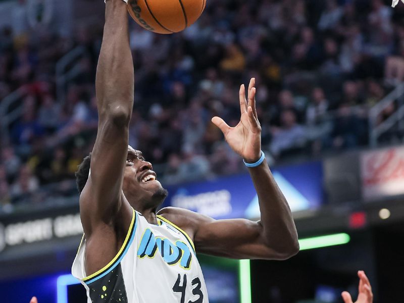 INDIANAPOLIS, INDIANA - MARCH 11: Pascal Siakam #43 of the Indiana Pacers goes up for a shot in the second half against the Milwaukee Bucks at Gainbridge Fieldhouse on March 11, 2025 in Indianapolis, Indiana. NOTE TO USER: User expressly acknowledges and agrees that, by downloading and or using this photograph, User is consenting to the terms and conditions of the Getty Images License Agreement. (Photo by Michael Hickey/Getty Images)