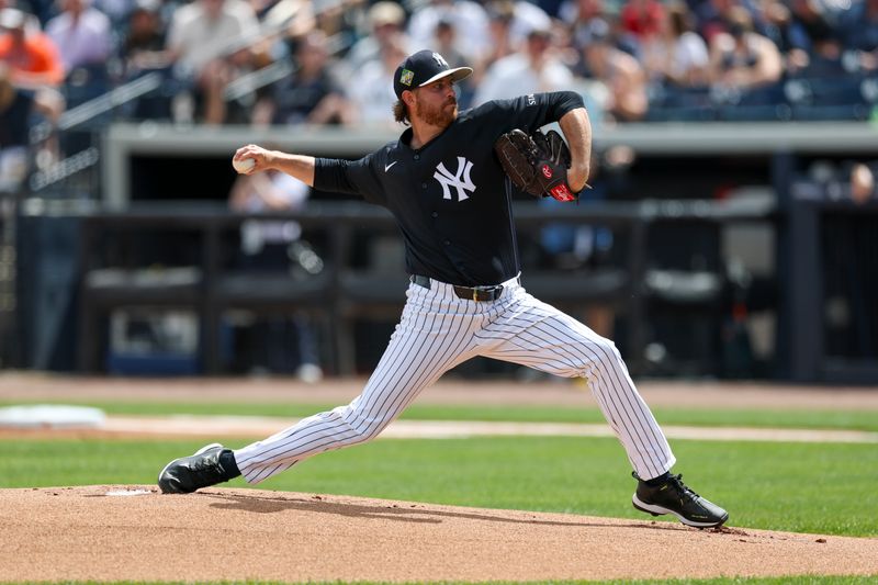 Mar 5, 2026; Tampa, Florida, USA; New York Yankees starting pitcher Paul Blackburn (58) throws a pitch against the Minnesota Twins in the first inning during spring training at George M. Steinbrenner Field. Mandatory Credit: Nathan Ray Seebeck-Imagn Images