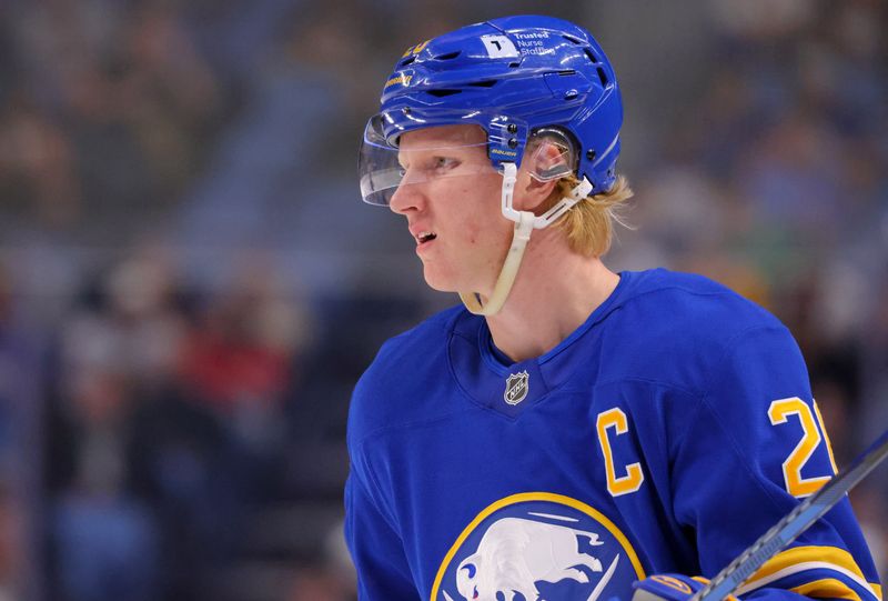 Oct 22, 2024; Buffalo, New York, USA;  Buffalo Sabres defenseman Rasmus Dahlin (26) waits for the face-off during the second period against the Dallas Stars at KeyBank Center. Mandatory Credit: Timothy T. Ludwig-Imagn Images