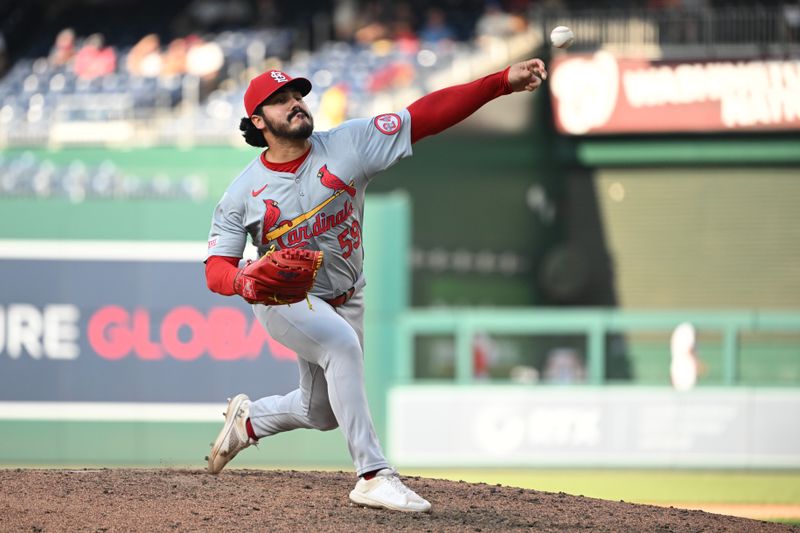 Jul 8, 2024; Washington, District of Columbia, USA; St. Louis Cardinals relief pitcher JoJo Romero (59) throws a pitch against the Washington Nationals eighth inning at Nationals Park. Mandatory Credit: Rafael Suanes-USA TODAY Sports