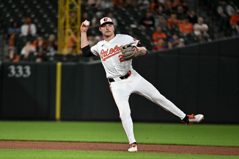 May 13, 2024; Baltimore, Maryland, USA; Baltimore Orioles shortstop Gunnar Henderson (2) throws to first base during the ninth inning against the Toronto Blue Jays  at Oriole Park at Camden Yards. Mandatory Credit: Tommy Gilligan-USA TODAY Sports