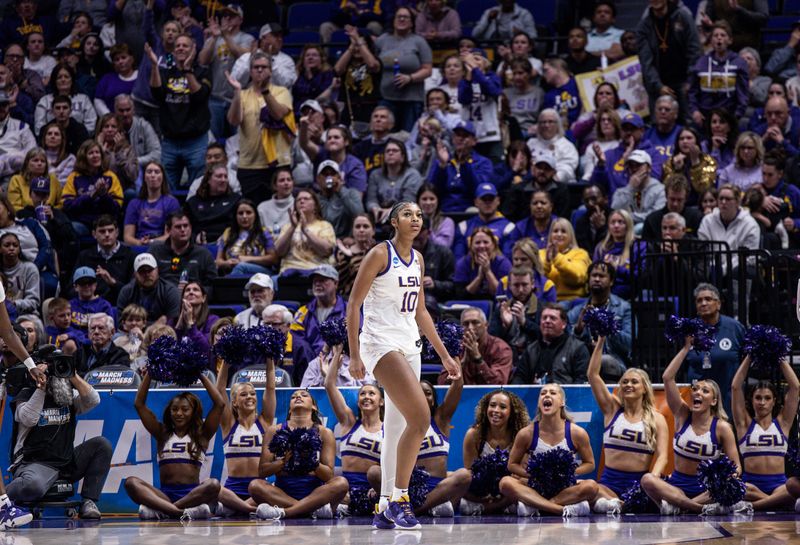 Mar 19, 2023; Baton Rouge, LA, USA; LSU Lady Tigers forward Angel Reese (10) looks on against the Michigan Wolverines during the second half at Pete Maravich Assembly Center. Mandatory Credit: Stephen Lew-USA TODAY Sports