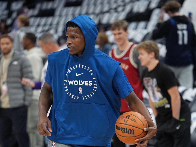 MINNEAPOLIS, MN -  NOVEMBER 17: Anthony Edwards #5 of the Minnesota Timberwolves warms up before the game against the Phoenix Suns on November 17, 2024 at Target Center in Minneapolis, Minnesota. NOTE TO USER: User expressly acknowledges and agrees that, by downloading and or using this Photograph, user is consenting to the terms and conditions of the Getty Images License Agreement. Mandatory Copyright Notice: Copyright 2024 NBAE (Photo by Jordan Johnson/NBAE via Getty Images)