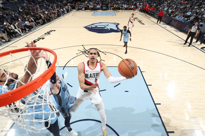 MEMPHIS, TN - MARCH 2: Dalano Banton #5 of the Portland Trail Blazers shoots the ball during the game against the Memphis Grizzlies on March 2, 2024 at FedExForum in Memphis, Tennessee. NOTE TO USER: User expressly acknowledges and agrees that, by downloading and or using this photograph, User is consenting to the terms and conditions of the Getty Images License Agreement. Mandatory Copyright Notice: Copyright 2024 NBAE (Photo by Joe Murphy/NBAE via Getty Images)